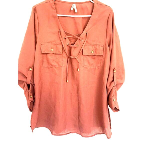 Boho Orange Pullover Top Womens Large Rust Long Tie Front Festival Henley - Picture 1 of 7